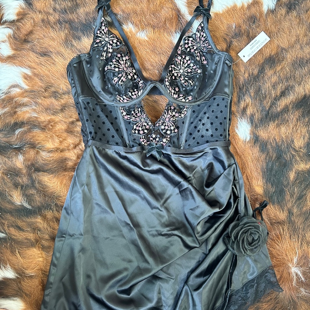 For Love & Lemons Black Satin Mini Dress with Pink Embroidery